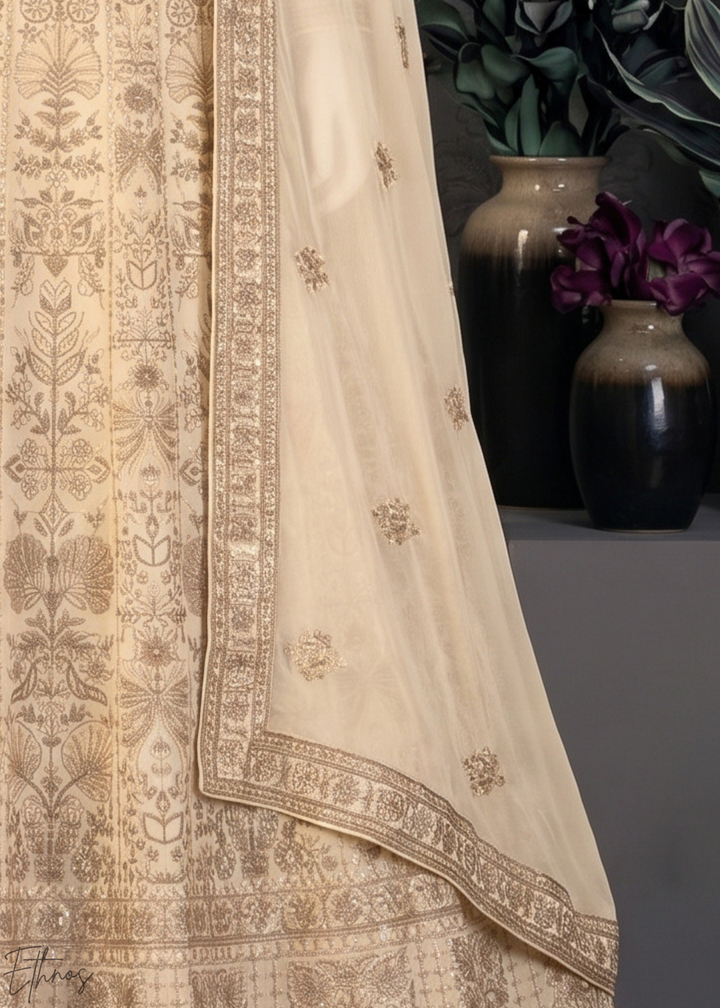 Cream Floral-Embroidered Georgette Anarkali Gown Set