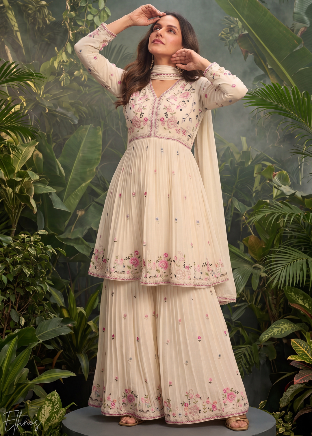 Cream Floral Embroidered Chinon Peplum Sharara Suit