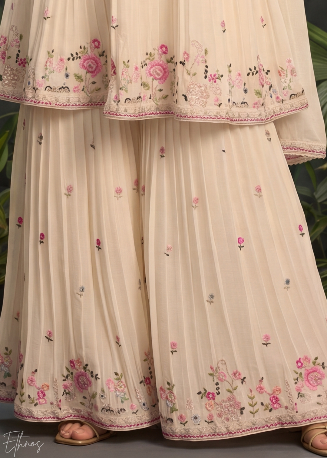 Cream Floral Embroidered Chinon Peplum Sharara Suit