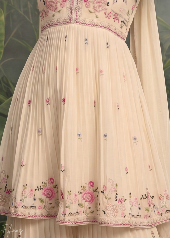 Cream Floral Embroidered Chinon Peplum Sharara Suit