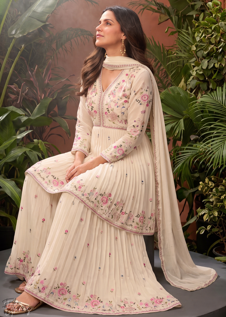 Cream Floral Embroidered Chinon Peplum Sharara Suit