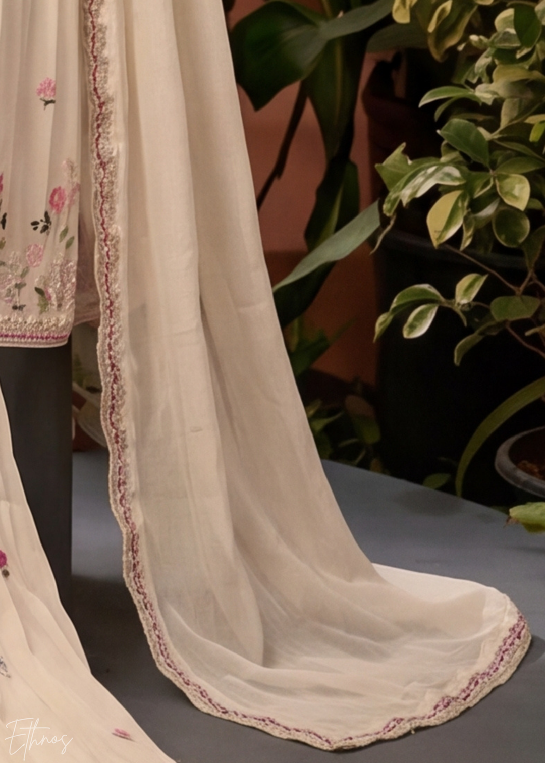 Cream Floral Embroidered Chinon Peplum Sharara Suit
