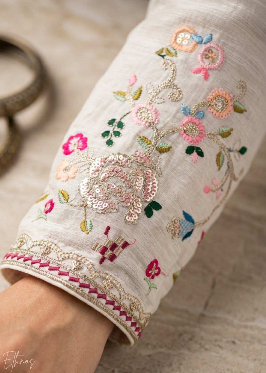 Cream Floral Embroidered Chinon Peplum Sharara Suit