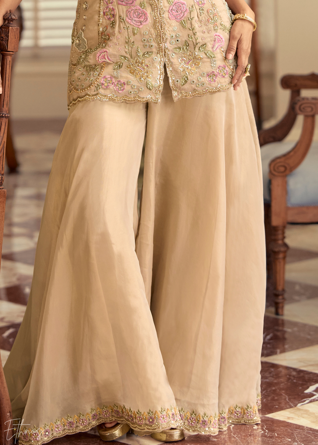 Beige Garden Simar Silk Palazzo Suit