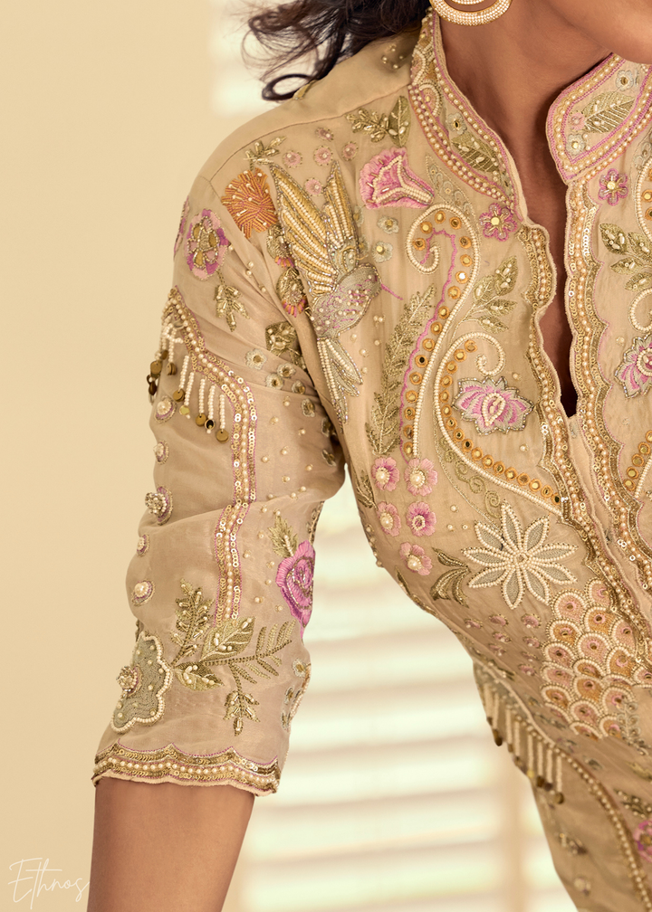 Beige Garden Simar Silk Palazzo Suit