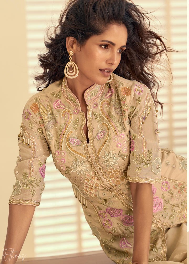 Beige Garden Simar Silk Palazzo Suit