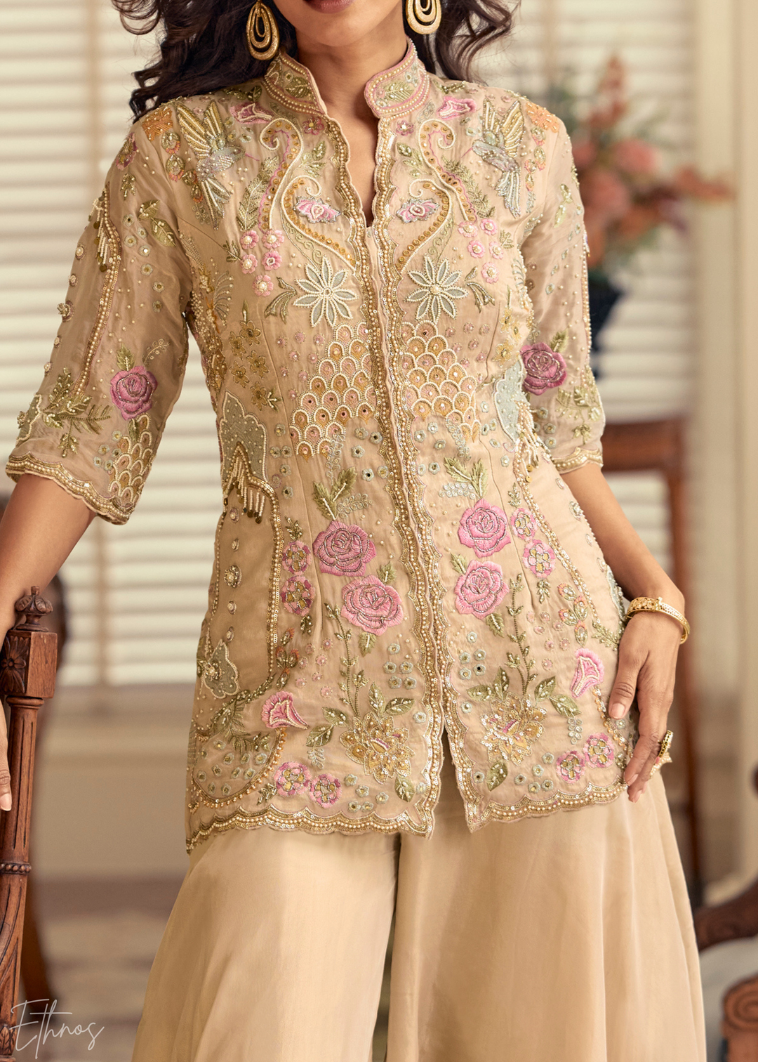 Beige Garden Simar Silk Palazzo Suit