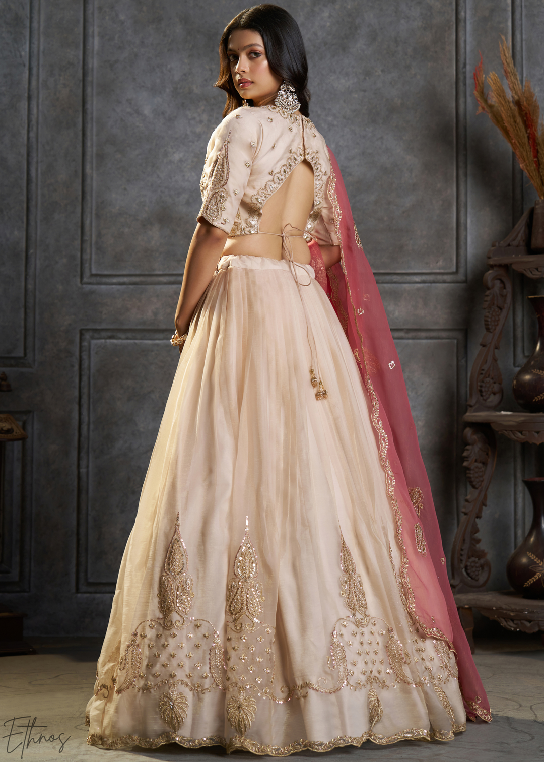 Cream Gilded Medallion Organza Lehenga Choli
