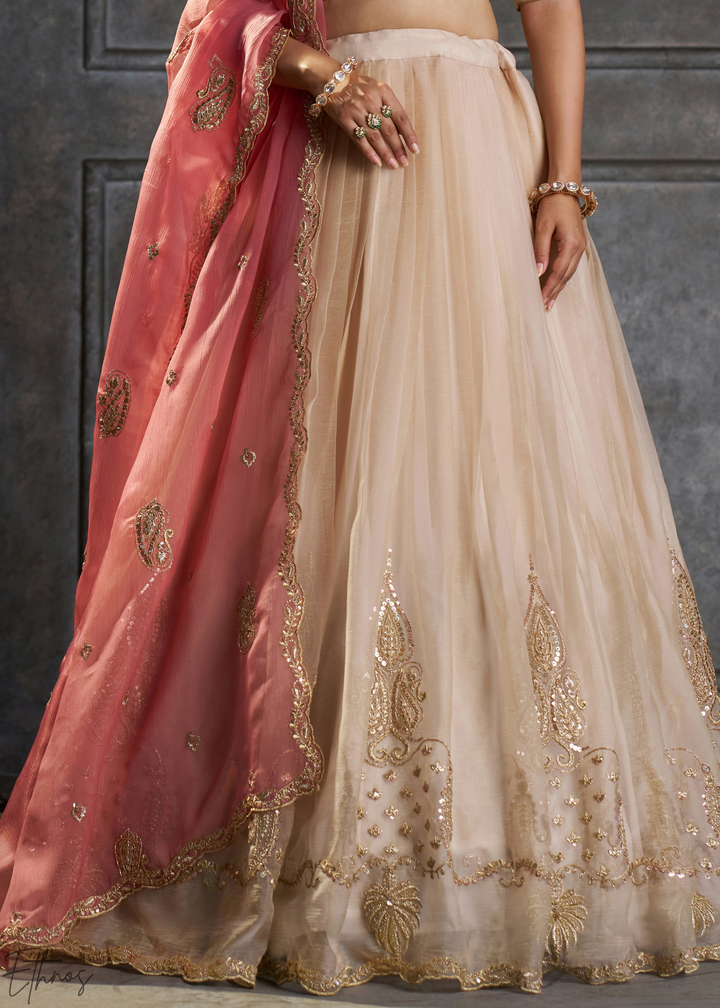 Cream Gilded Medallion Organza Lehenga Choli