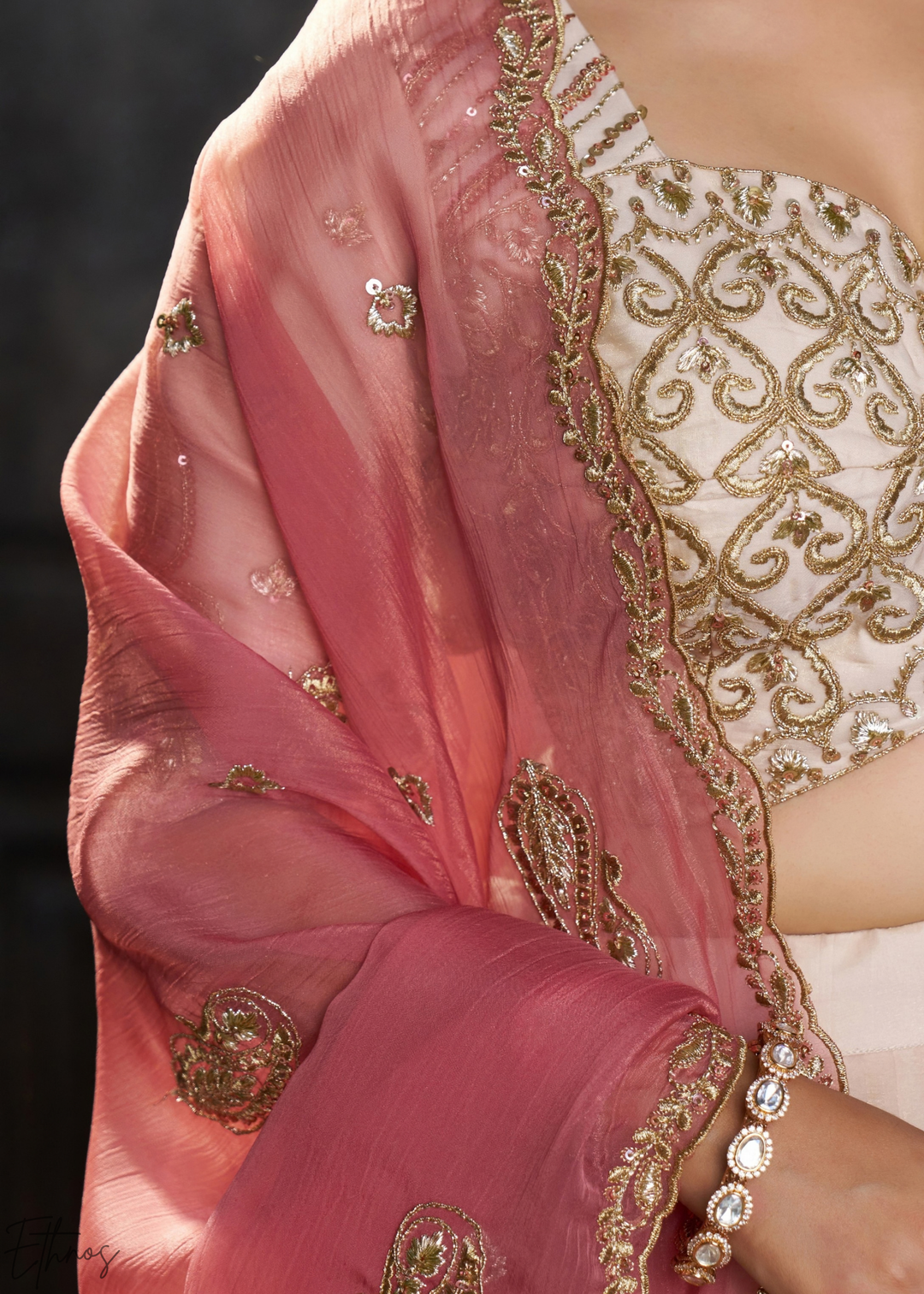 Cream Gilded Medallion Organza Lehenga Choli