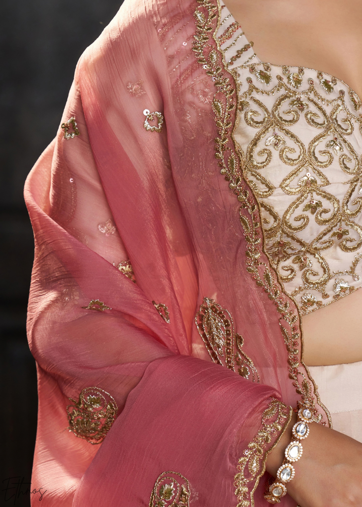 Cream Gilded Medallion Organza Lehenga Choli