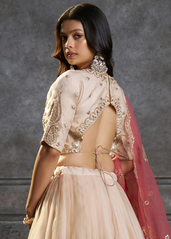 Cream Gilded Medallion Organza Lehenga Choli
