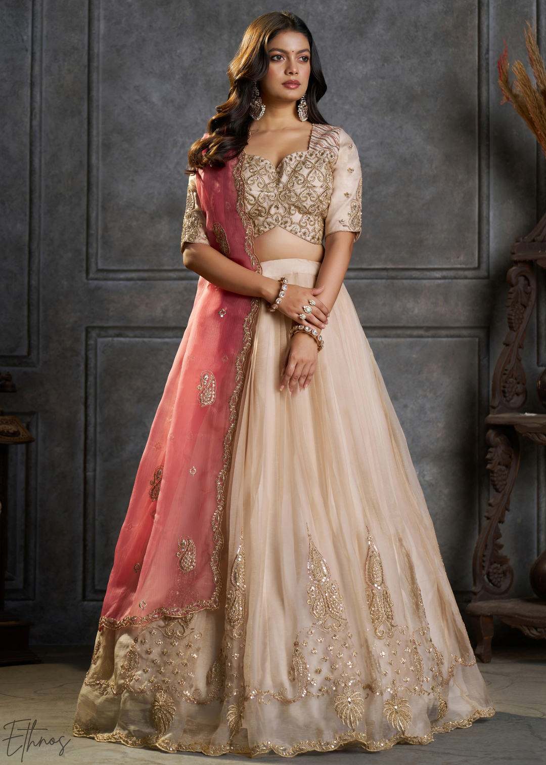 Cream Gilded Medallion Organza Lehenga Choli