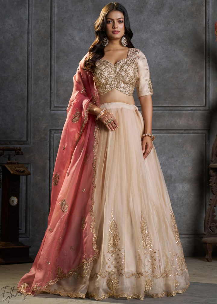 Cream Gilded Medallion Organza Lehenga Choli