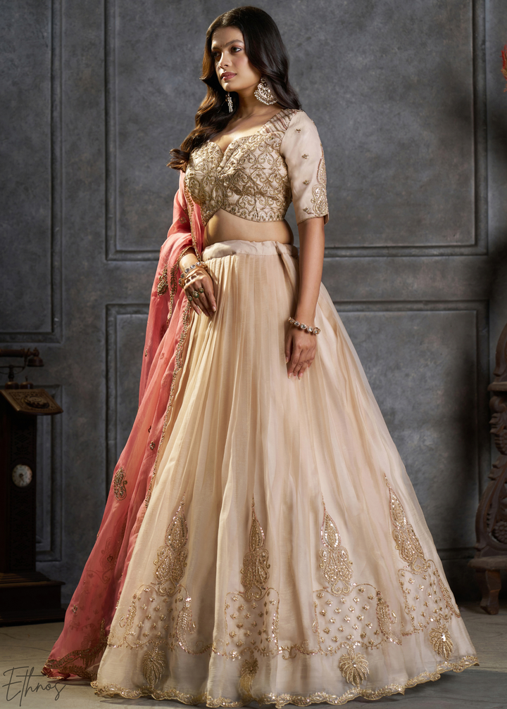Cream Gilded Medallion Organza Lehenga Choli