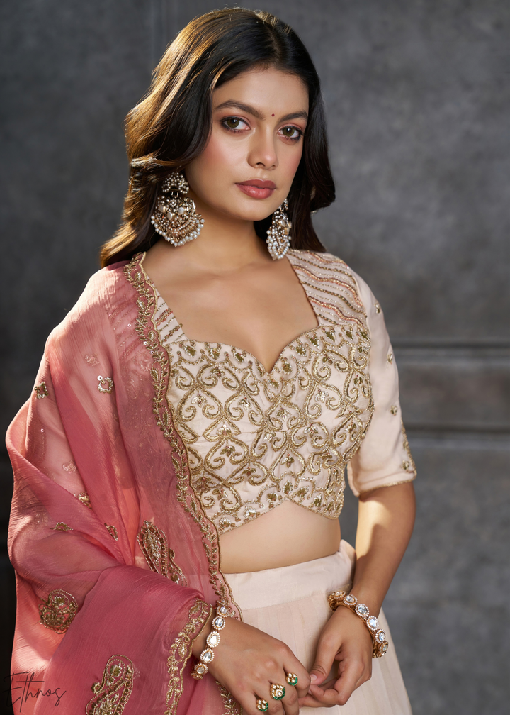 Cream Gilded Medallion Organza Lehenga Choli
