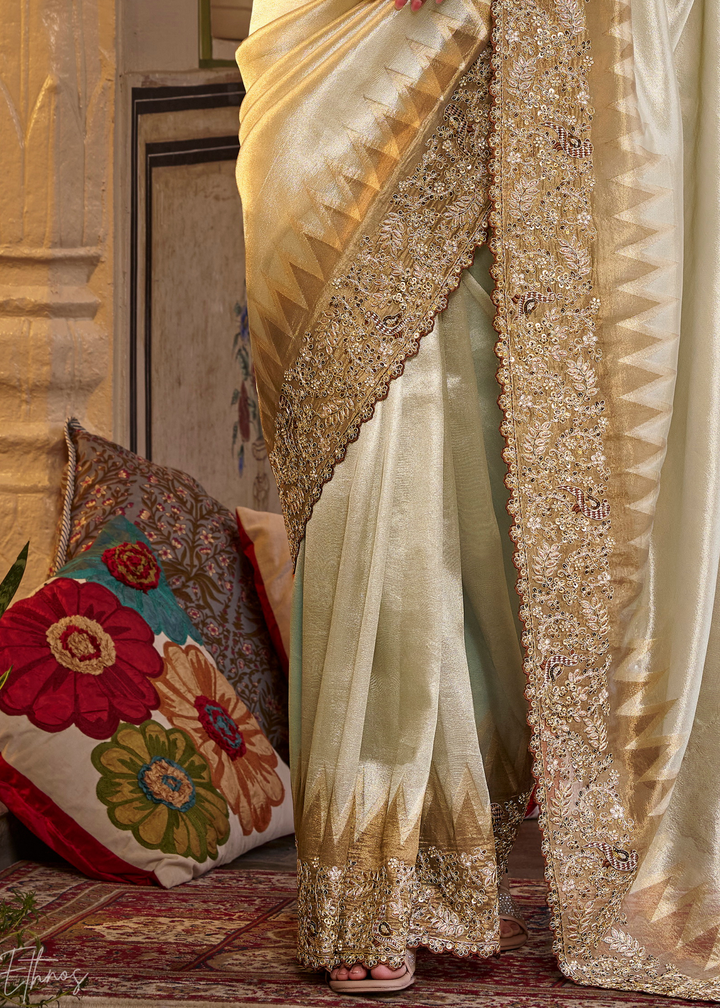 Cream Ivory Intricate Border Satin Silk Saree