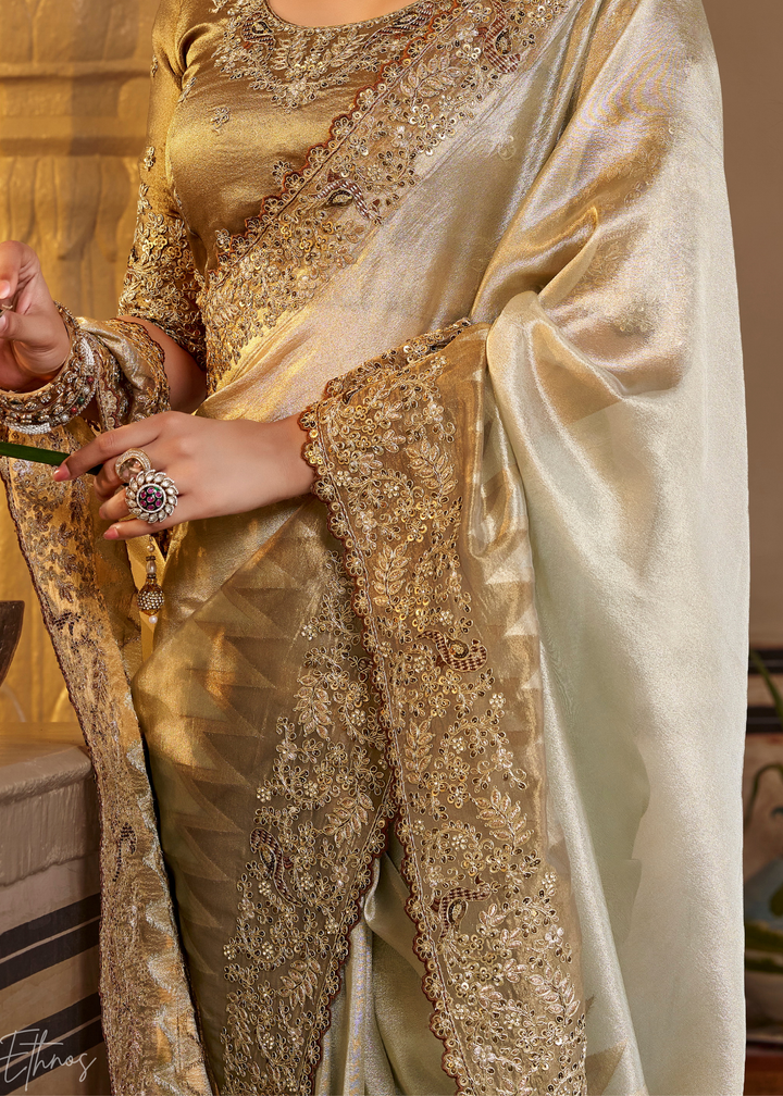 Cream Ivory Intricate Border Satin Silk Saree