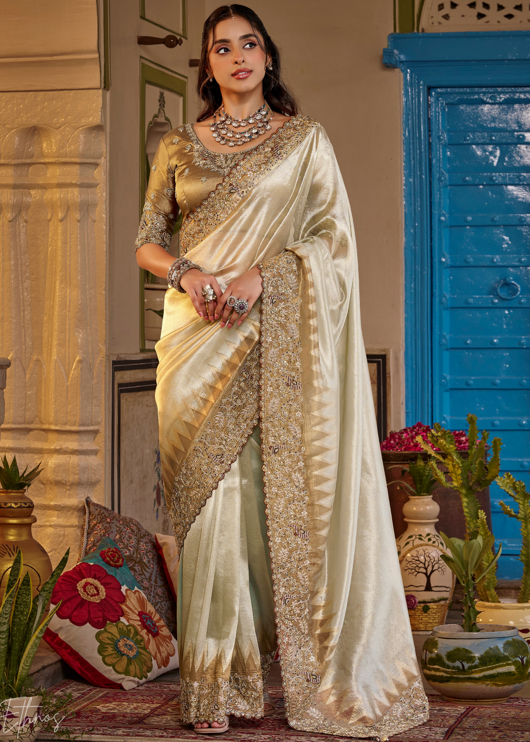 Cream Ivory Intricate Border Satin Silk Saree