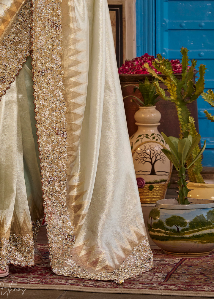 Cream Ivory Intricate Border Satin Silk Saree