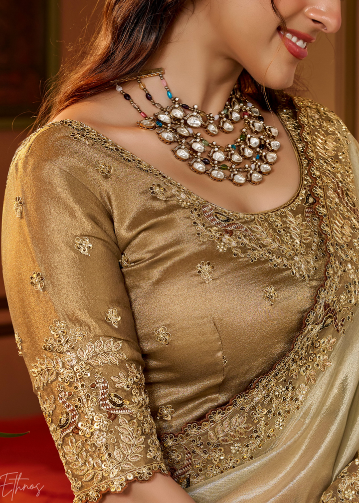 Cream Ivory Intricate Border Satin Silk Saree
