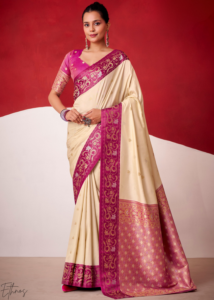 Cream Ivory Paisley Border Satin Silk Saree