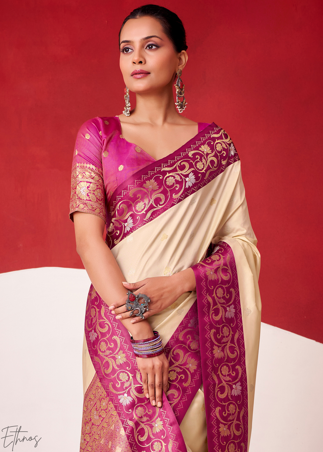 Cream Ivory Paisley Border Satin Silk Saree