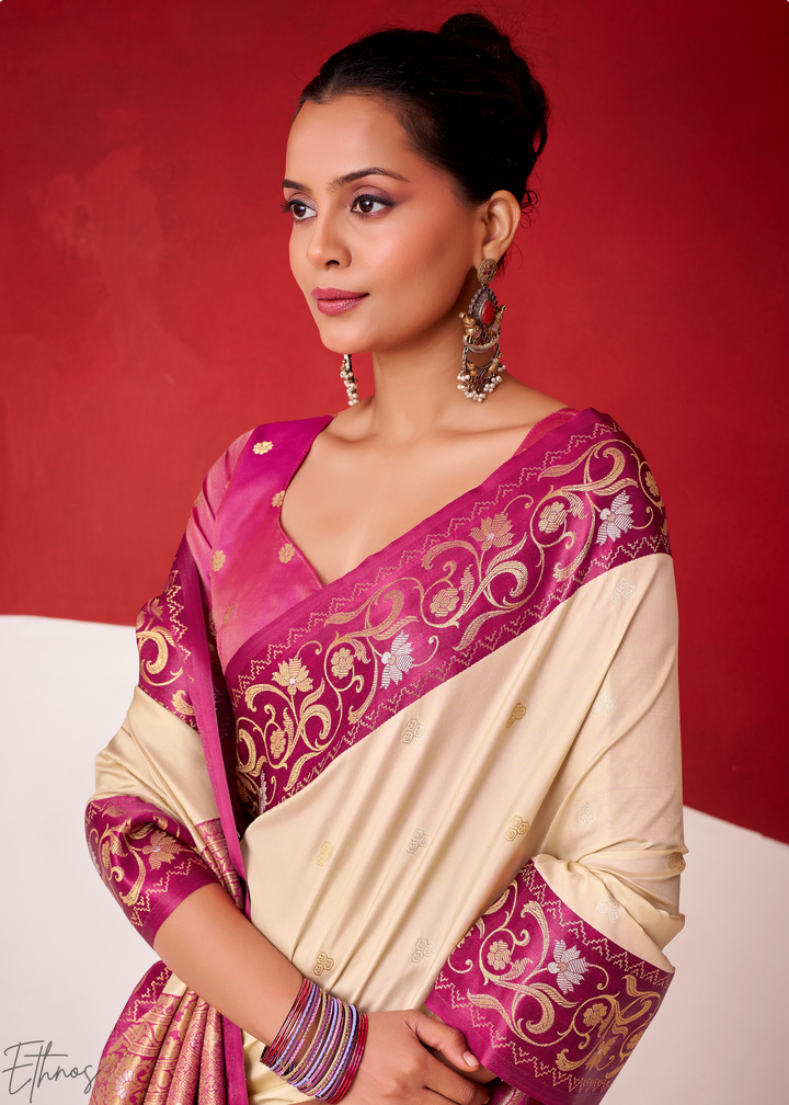 Cream Ivory Paisley Border Satin Silk Saree