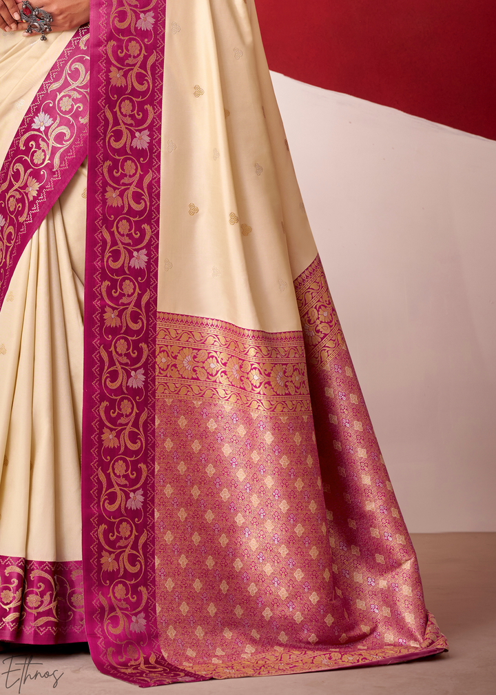 Cream Ivory Paisley Border Satin Silk Saree