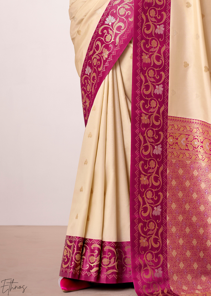 Cream Ivory Paisley Border Satin Silk Saree