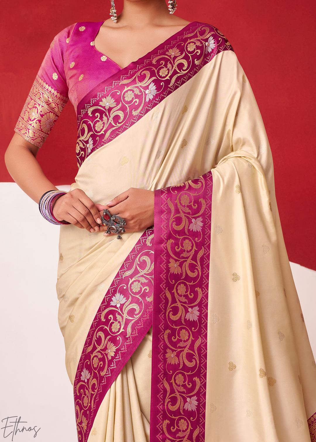 Cream Ivory Paisley Border Satin Silk Saree