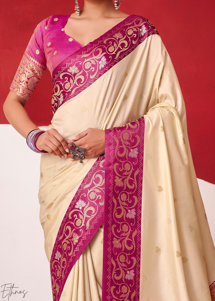 Cream Ivory Paisley Border Satin Silk Saree