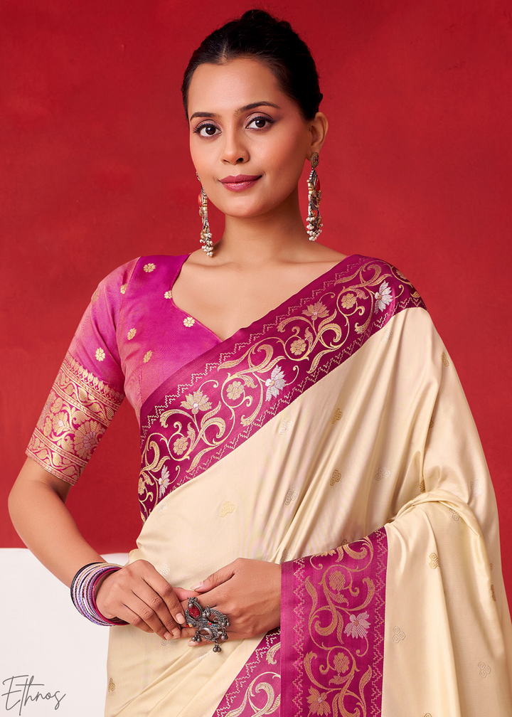Cream Ivory Paisley Border Satin Silk Saree