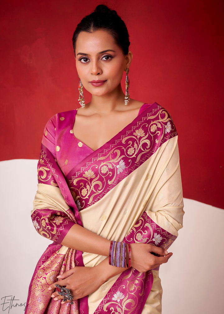 Cream Ivory Paisley Border Satin Silk Saree