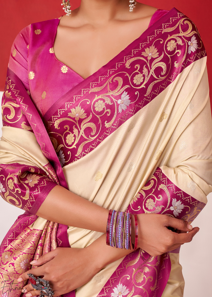 Cream Ivory Paisley Border Satin Silk Saree