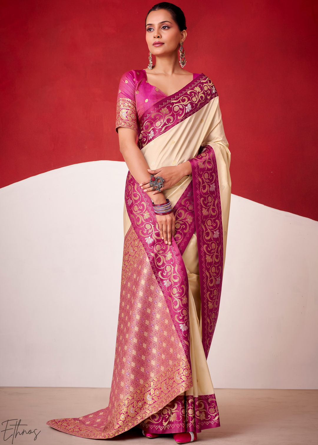 Cream Ivory Paisley Border Satin Silk Saree