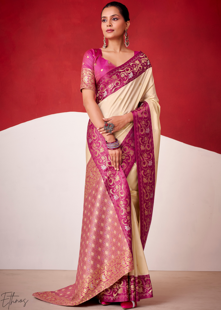 Cream Ivory Paisley Border Satin Silk Saree