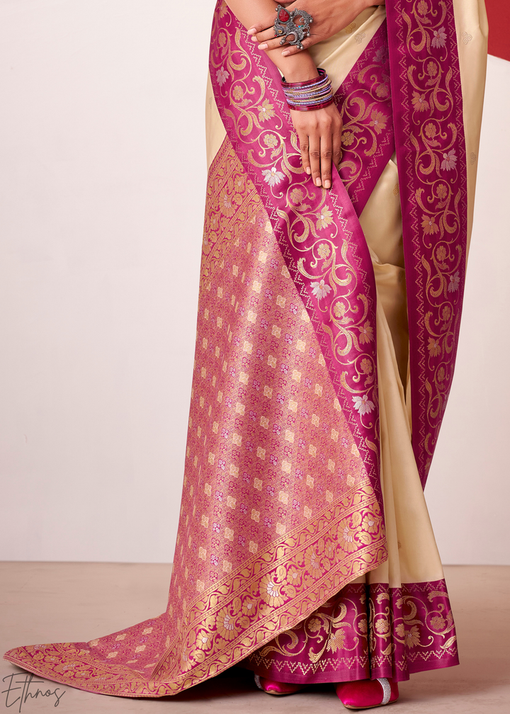 Cream Ivory Paisley Border Satin Silk Saree