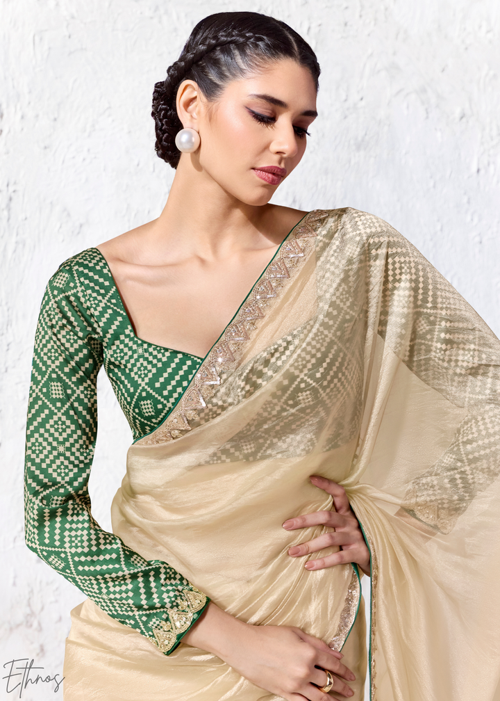 Cream Ivory Sleek Border Embroidered Organza Silk Saree