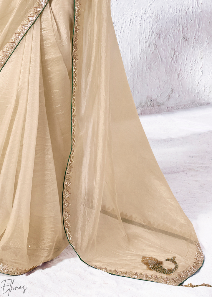 Cream Ivory Sleek Border Embroidered Organza Silk Saree
