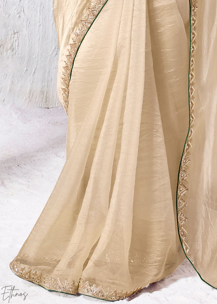 Cream Ivory Sleek Border Embroidered Organza Silk Saree