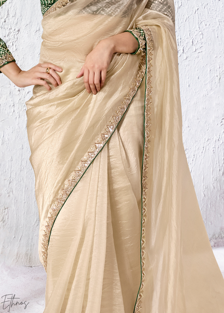 Cream Ivory Sleek Border Embroidered Organza Silk Saree