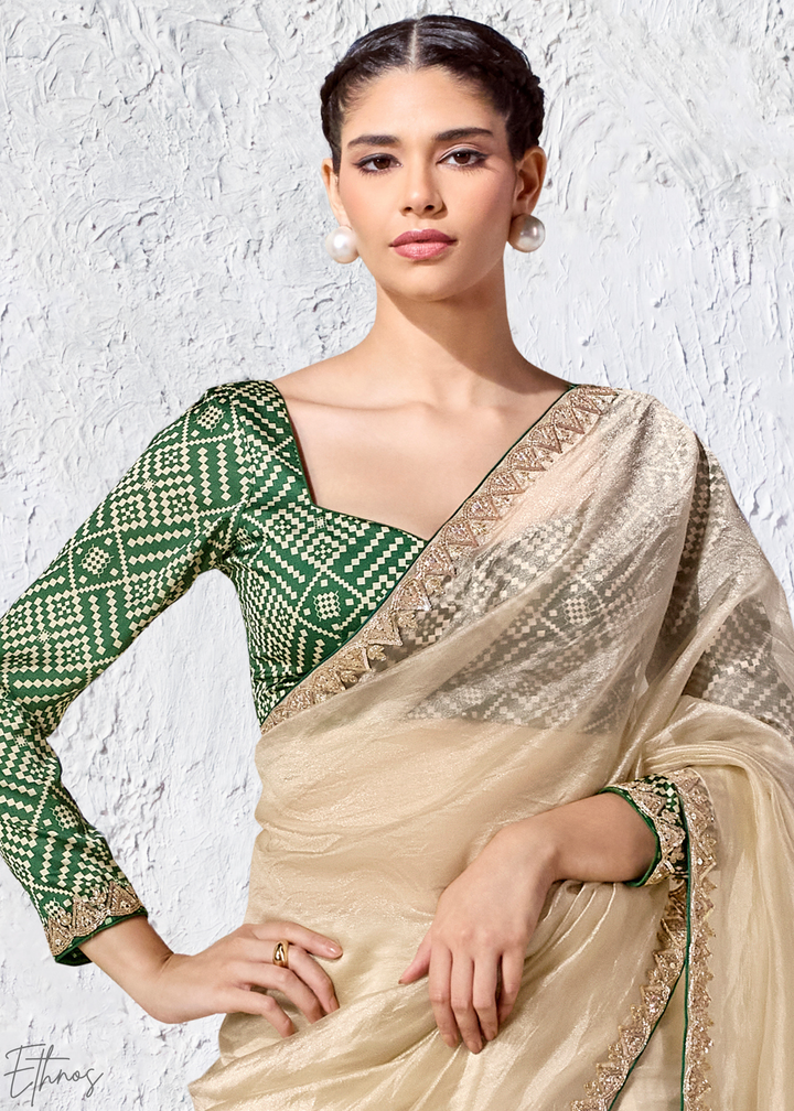 Cream Ivory Sleek Border Embroidered Organza Silk Saree