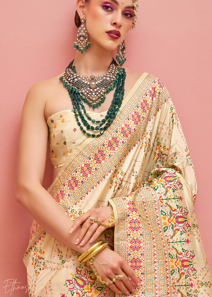 Cream Kashmiri Silk Saree