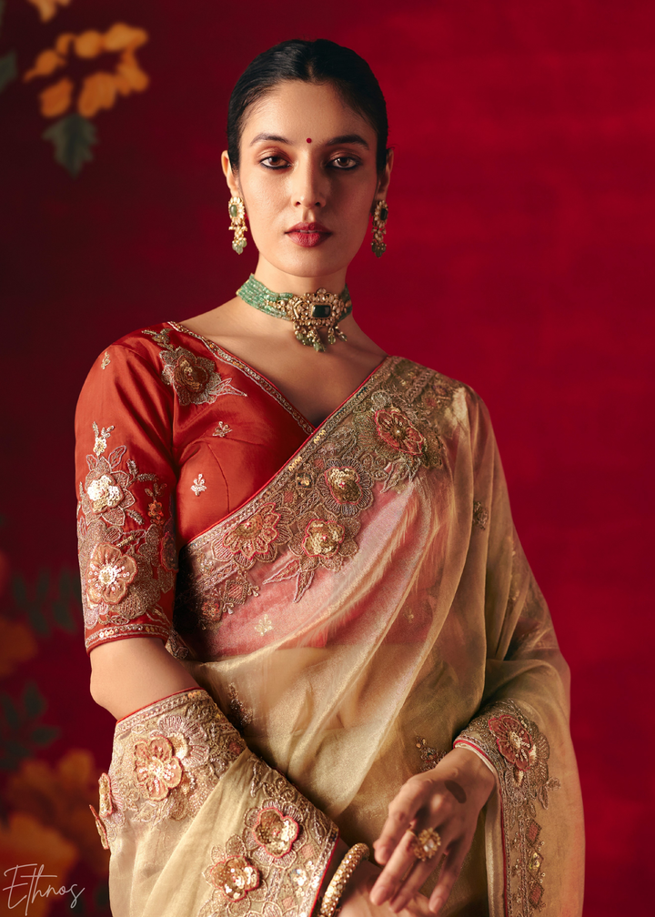 Cream Off-White Floral Sequin Embroidered Organza Tissue Saree