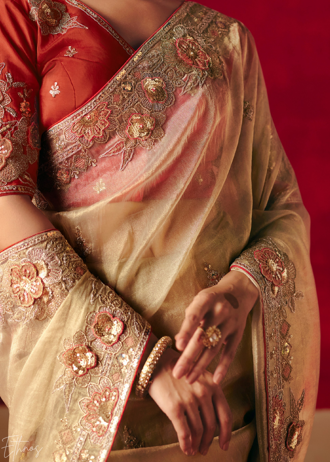 Cream Off-White Floral Sequin Embroidered Organza Tissue Saree