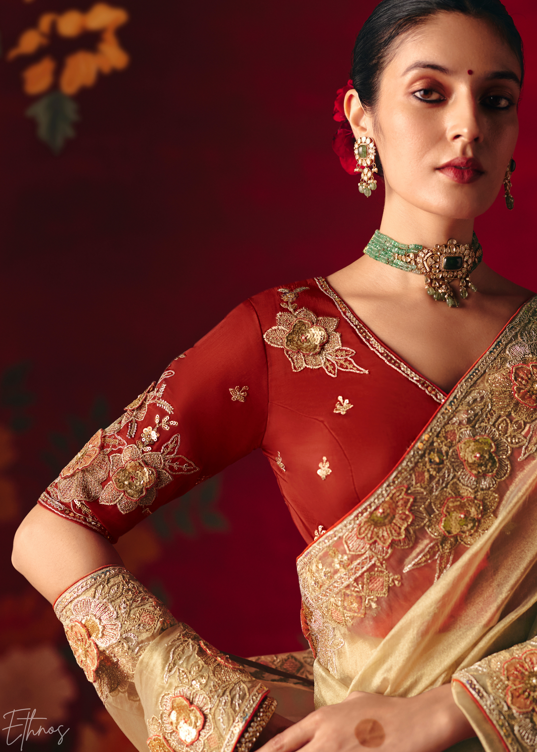 Cream Off-White Floral Sequin Embroidered Organza Tissue Saree