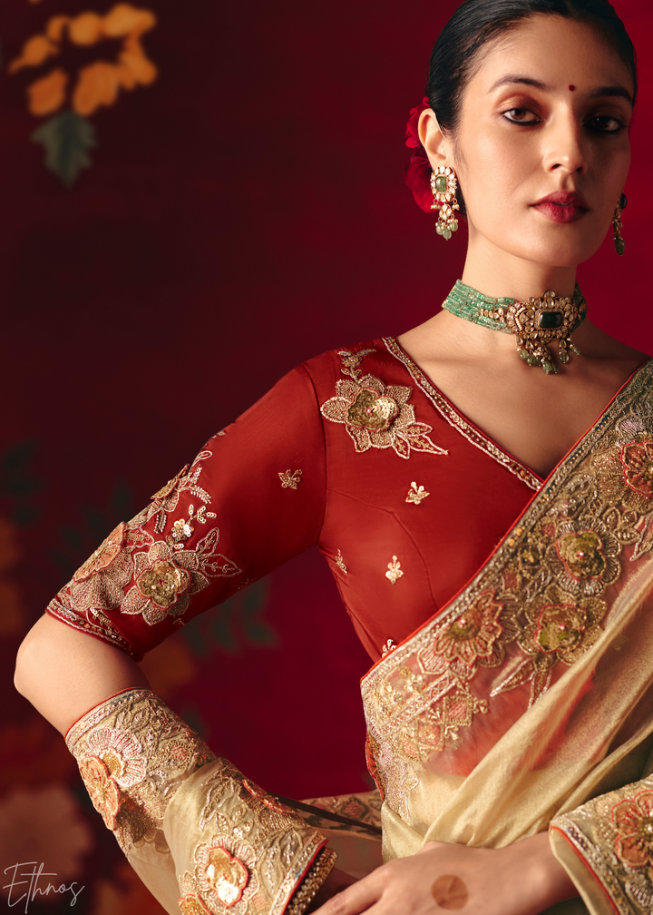 Cream Off-White Floral Sequin Embroidered Organza Tissue Saree