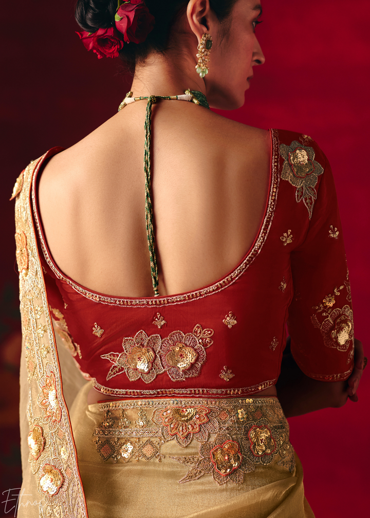 Cream Off-White Floral Sequin Embroidered Organza Tissue Saree