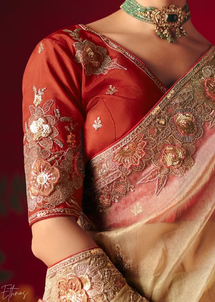 Cream Off-White Floral Sequin Embroidered Organza Tissue Saree